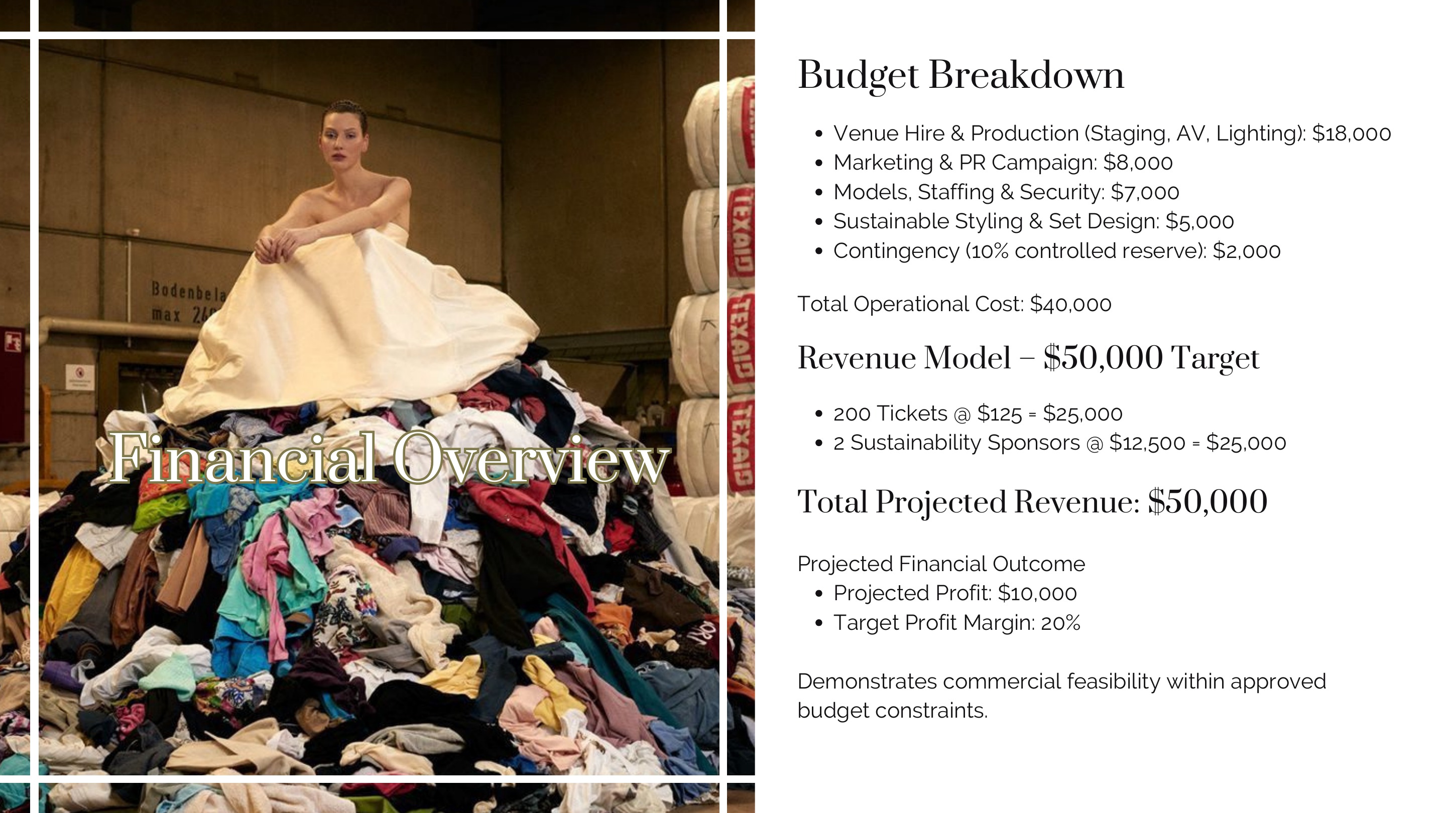Sustainable Futures Runway financial overview presentation page