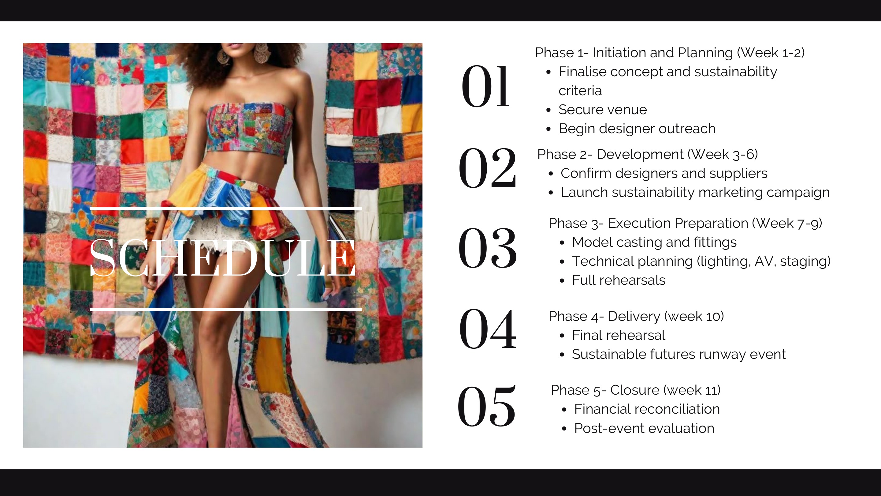 Sustainable Futures Runway eleven-week schedule presentation page